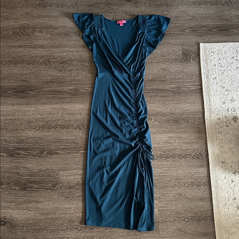Betsey Johnson Teal Blue Ribbed Midi V-Neck Short Sleeve Ruched Dress